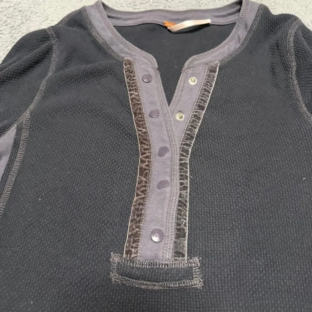 Free People Shirt Womens Small Black Carly Henley Thermal Long Sleeve